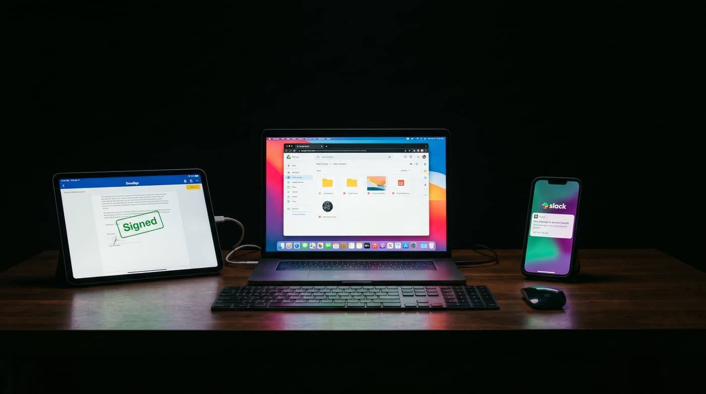 A calm, organized desk representing automated workflow