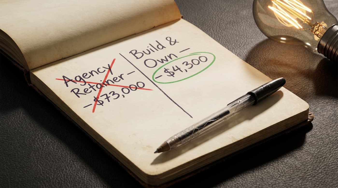 A founder comparing two columns of costs on a notebook