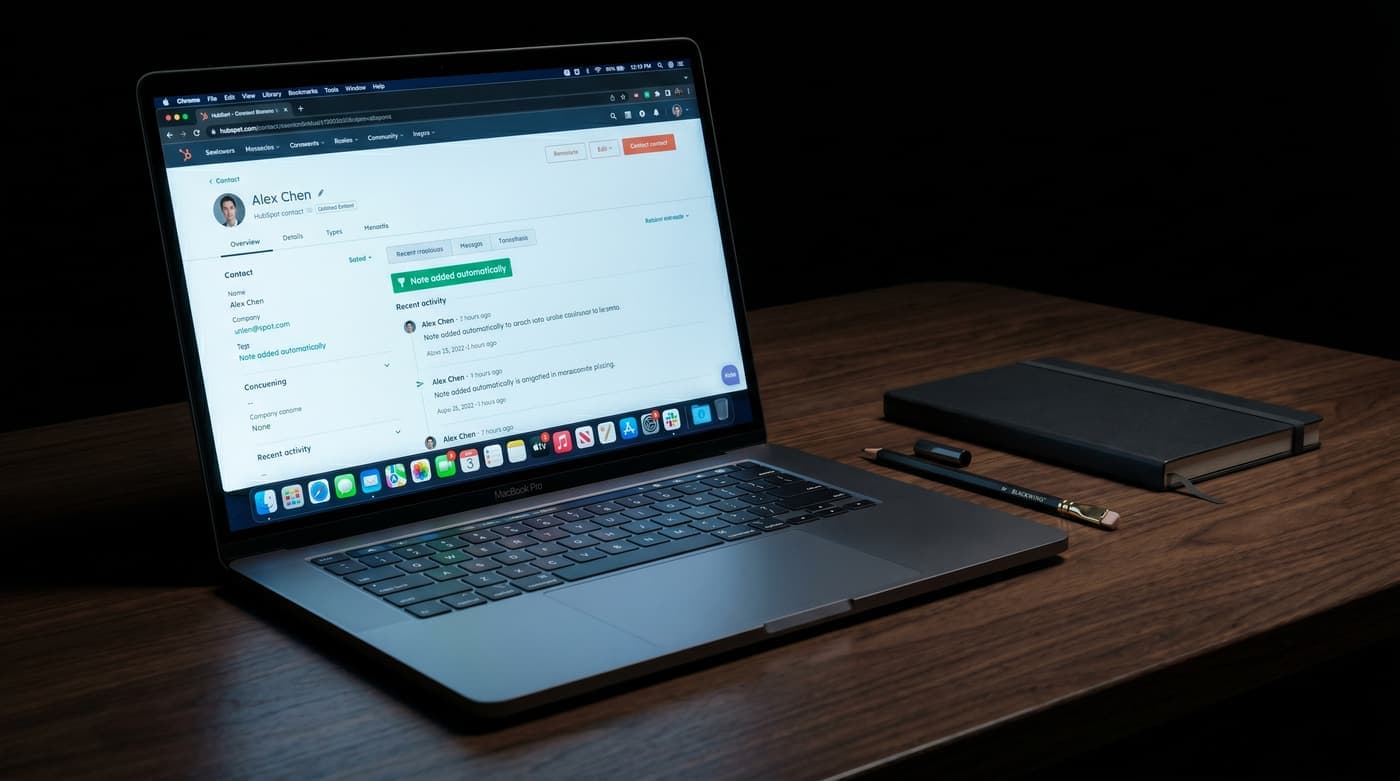 A laptop showing a CRM dashboard being updated automatically after a meeting