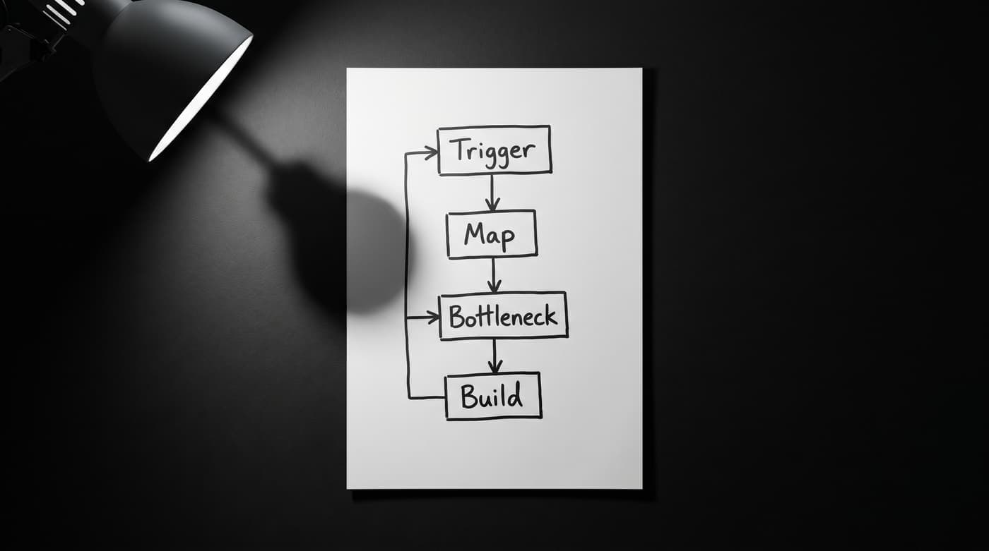 A small team collaborating around a workflow diagram